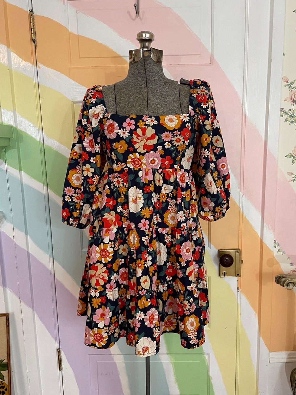 KARLIE Floral Poplin Cotton Tiered Tie Back Smocked Puff Sleeve Dress Sz S 💚🎀